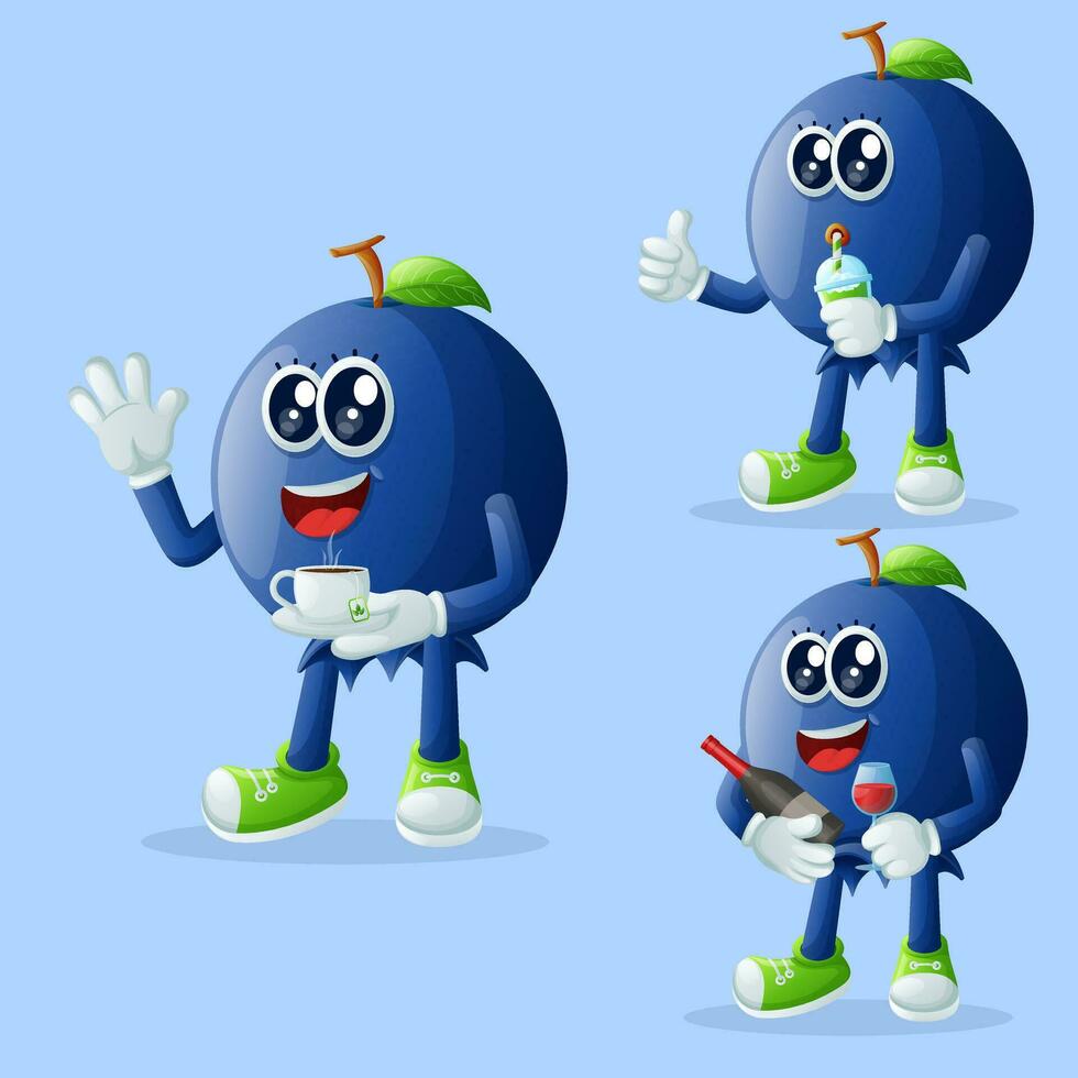 Cute blueberry characters enjoying beverages vector