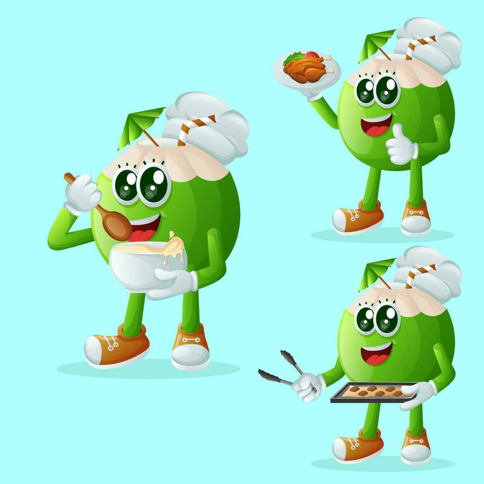 Cute coconut character in the kitchen vector