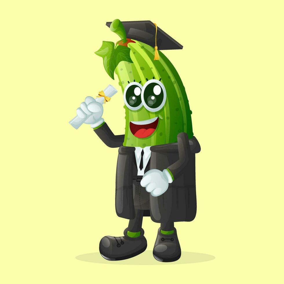 Cute cucumber character wearing a graduation cap and holding a diploma vector