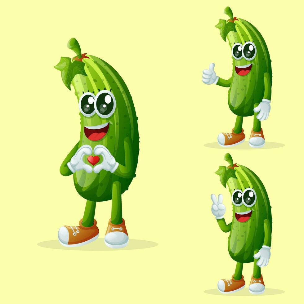 Cute cucumber characters making playful hand signs vector