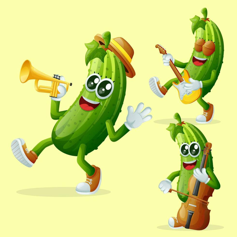 Cute cucumber characters playing musical instruments vector