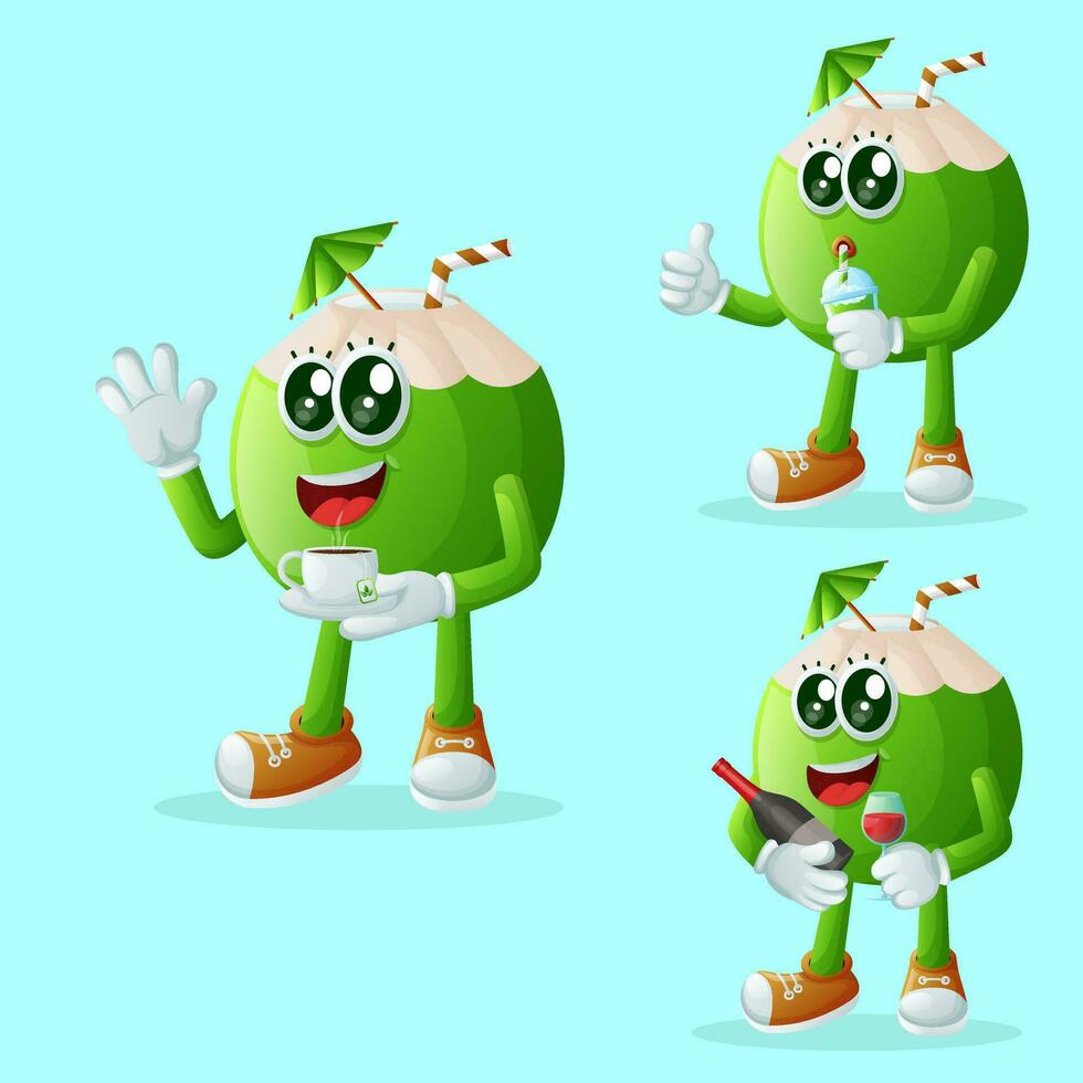 Cute coconut characters enjoying beverages vector