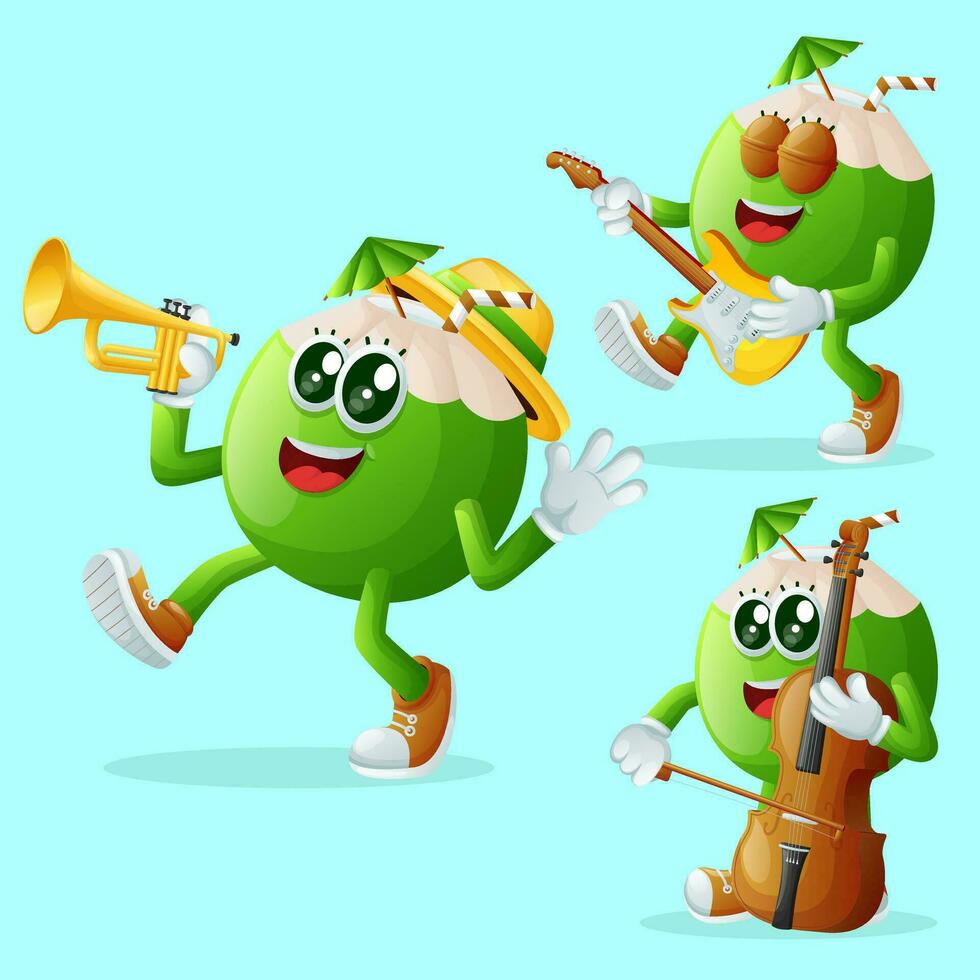 Cute coconut characters playing musical instruments vector