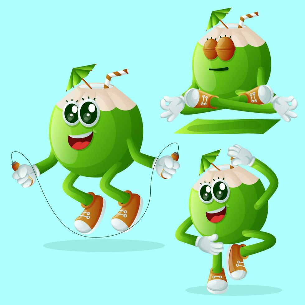 Cute coconut characters exercising vector