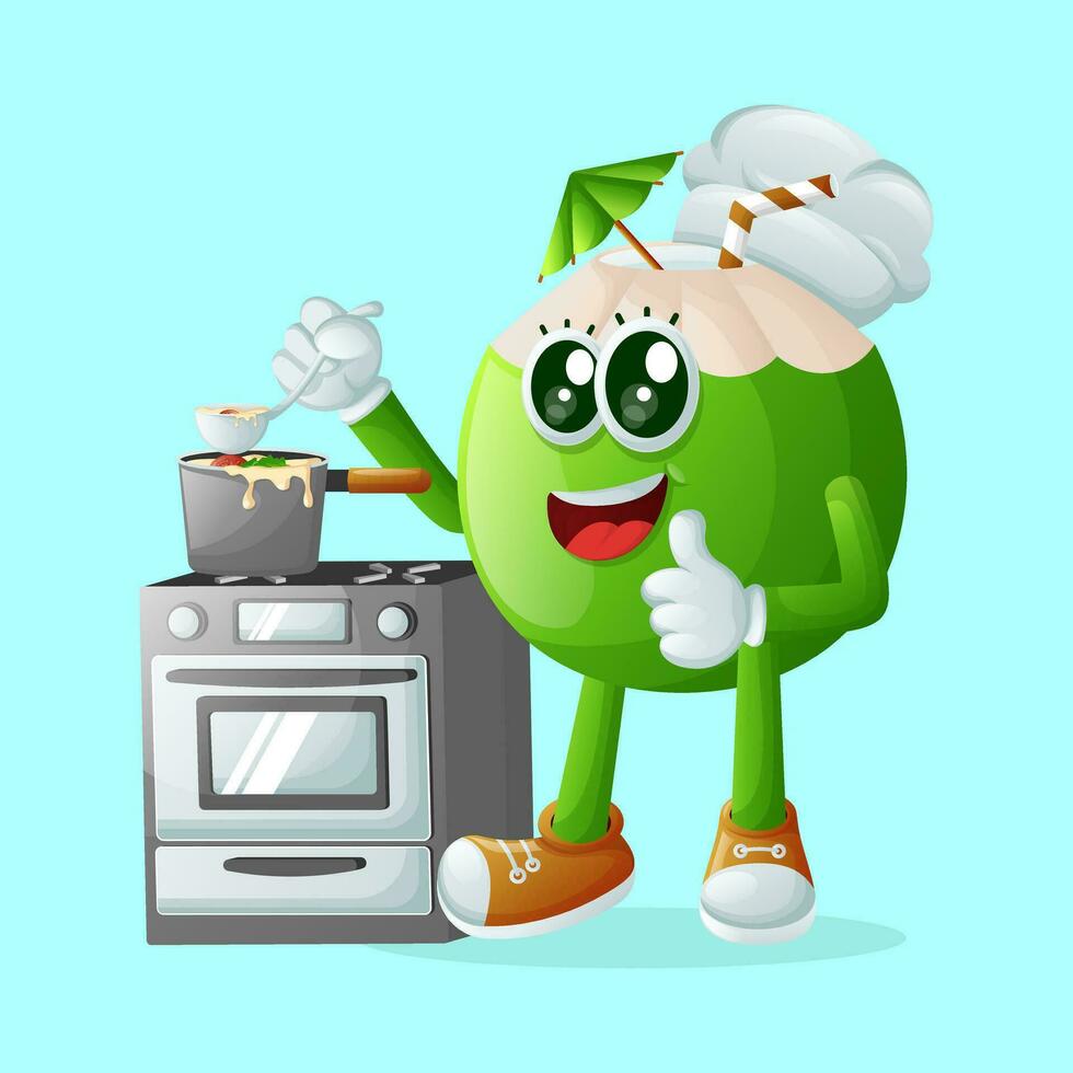 Cute coconut character cooking on a stove vector