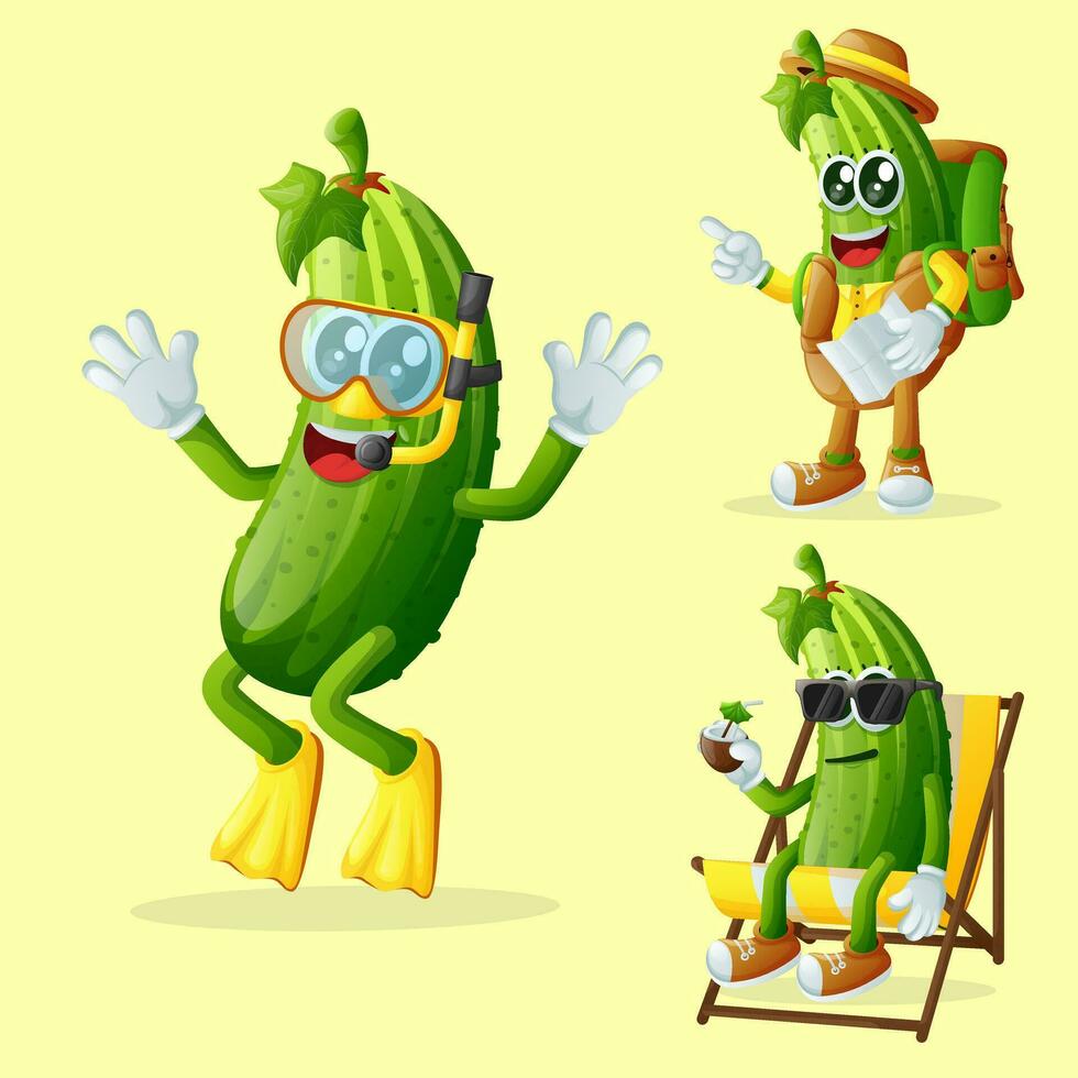 Cute cucumber characters on vacation vector