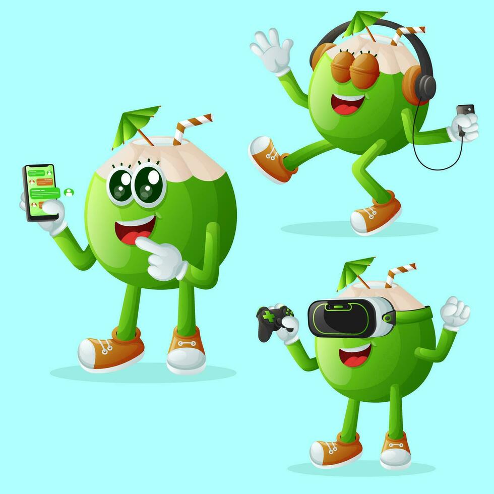 Cute coconut characters and technology vector