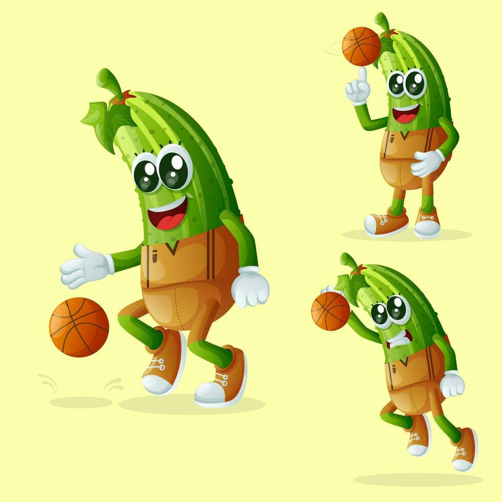 Cute cucumber characters playing basketball vector