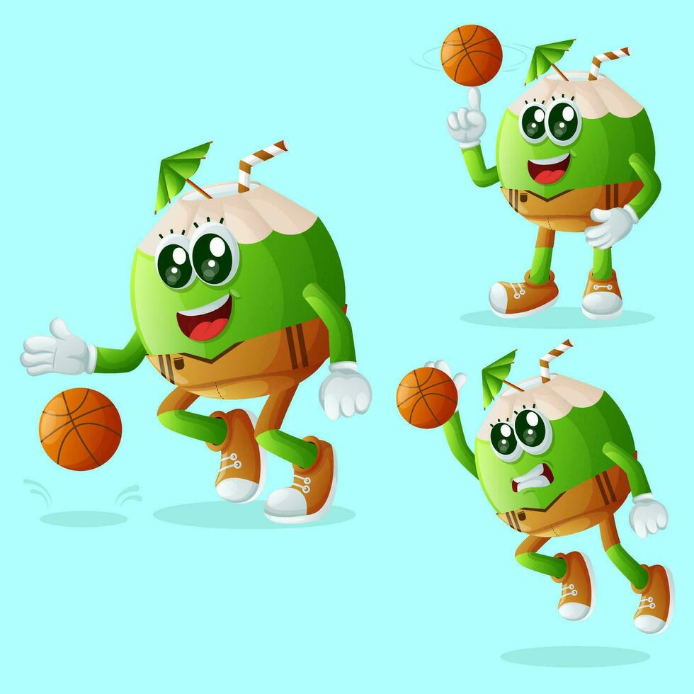 Cute coconut characters playing basketball vector