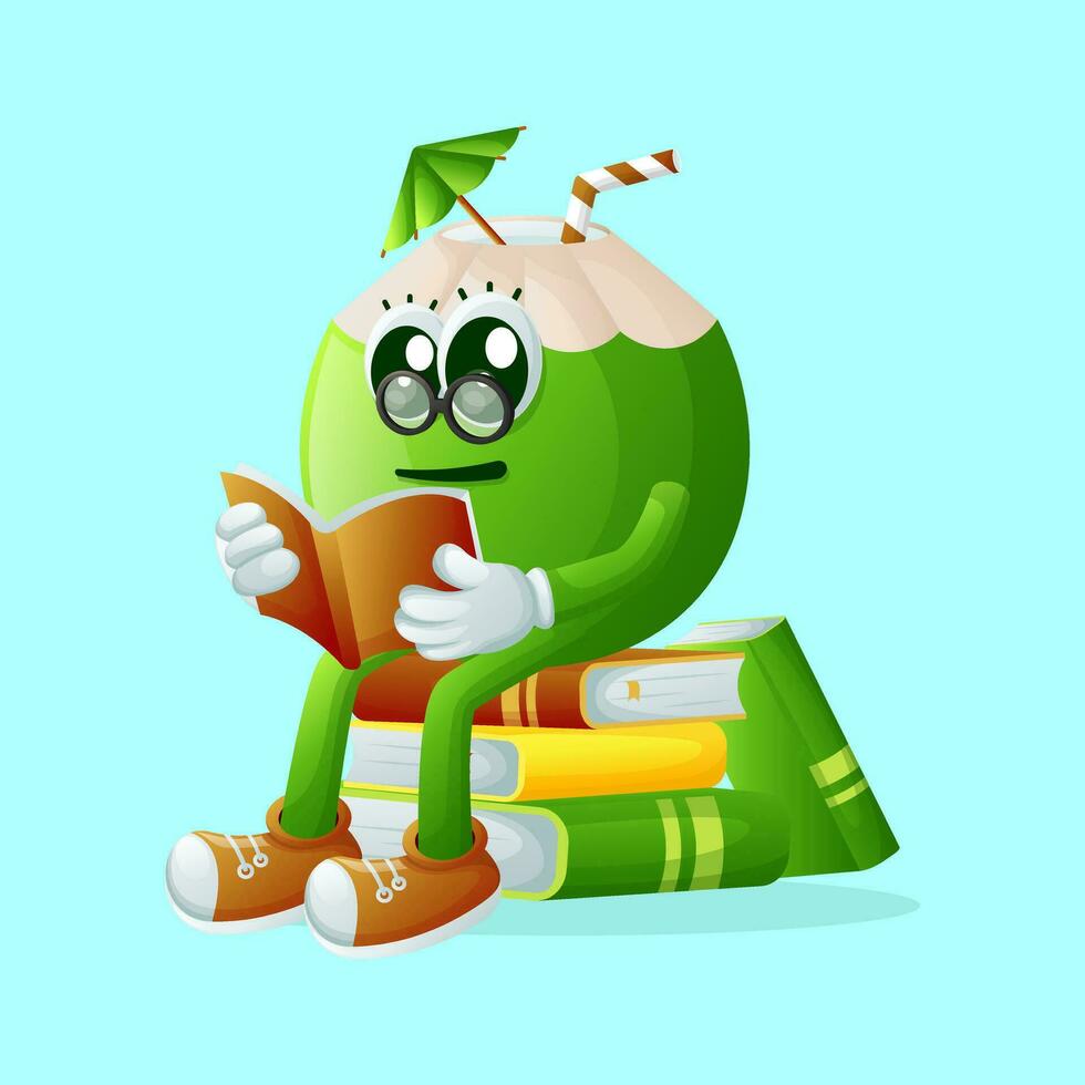 Cute coconut character wearing glasses and reading a book vector