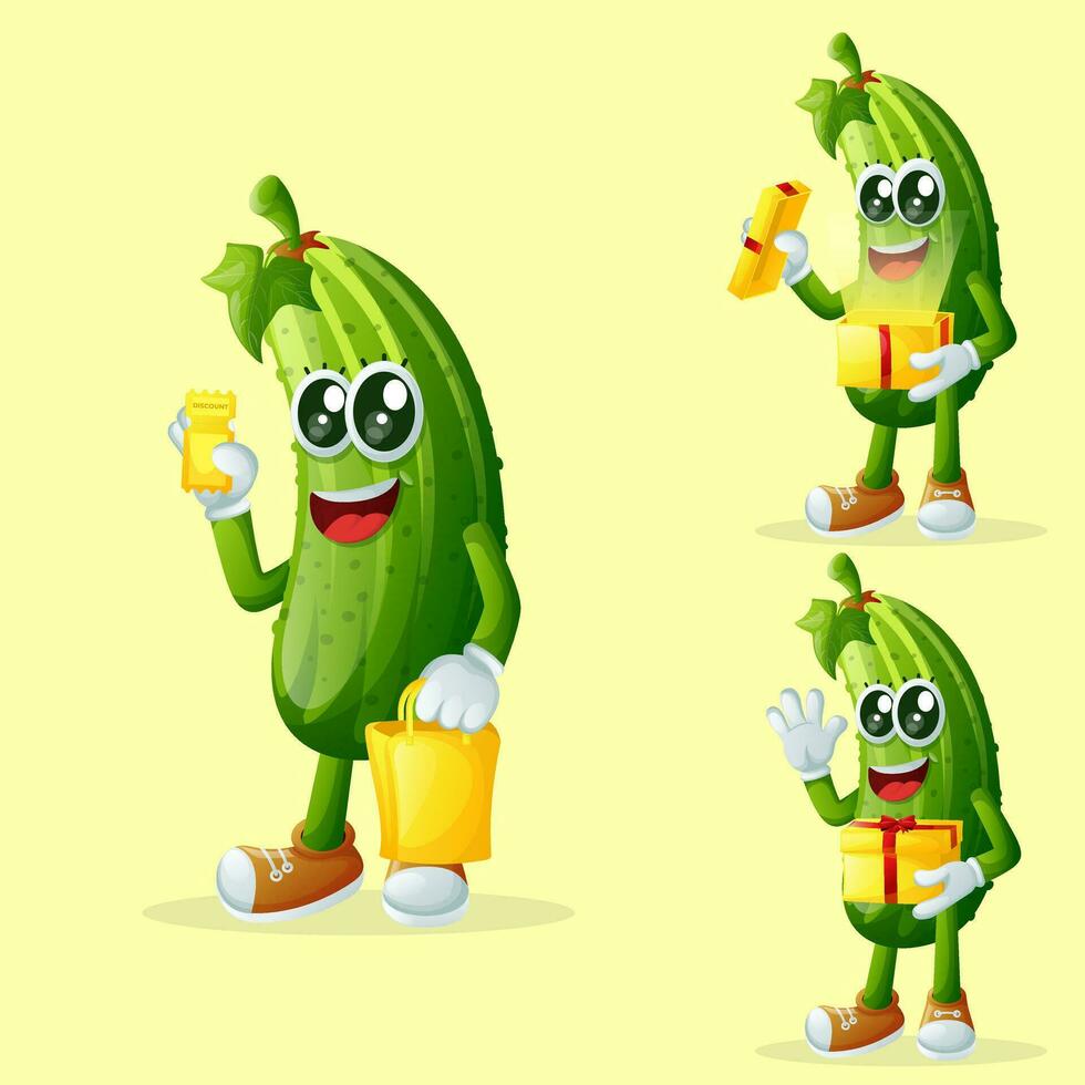 Cute cucumber characters receiving gifts vector