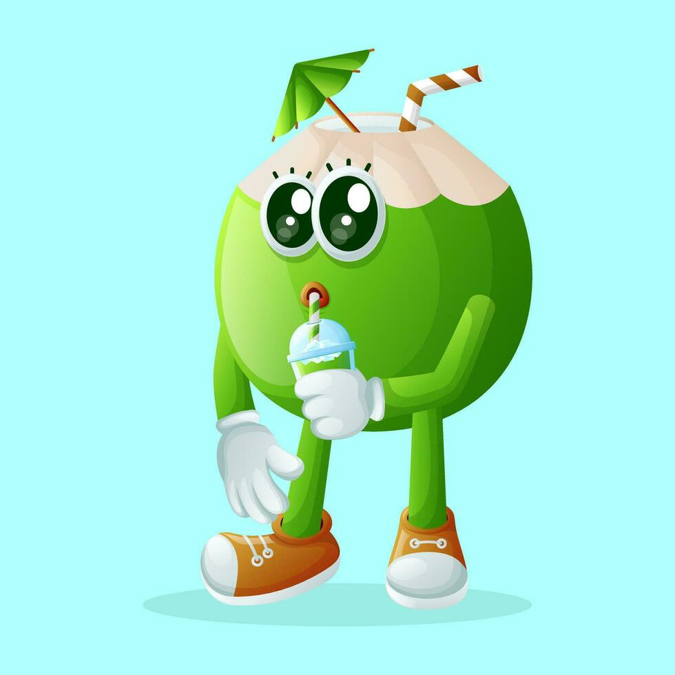 Cute coconut character drinking a green smoothie with a straw vector