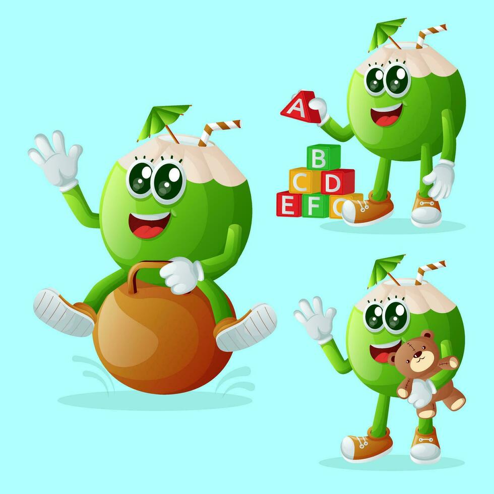 Cute coconut characters playing with kid toys vector