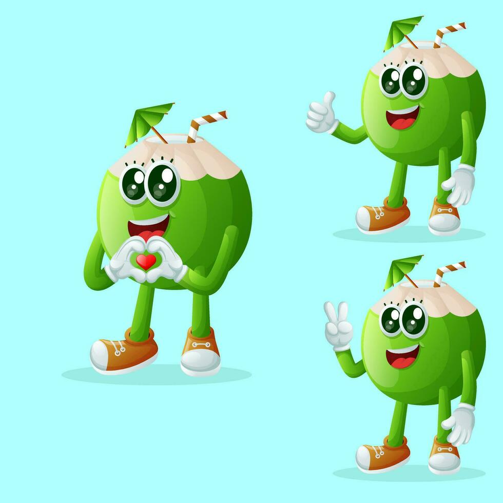 Cute coconut characters making playful hand signs vector