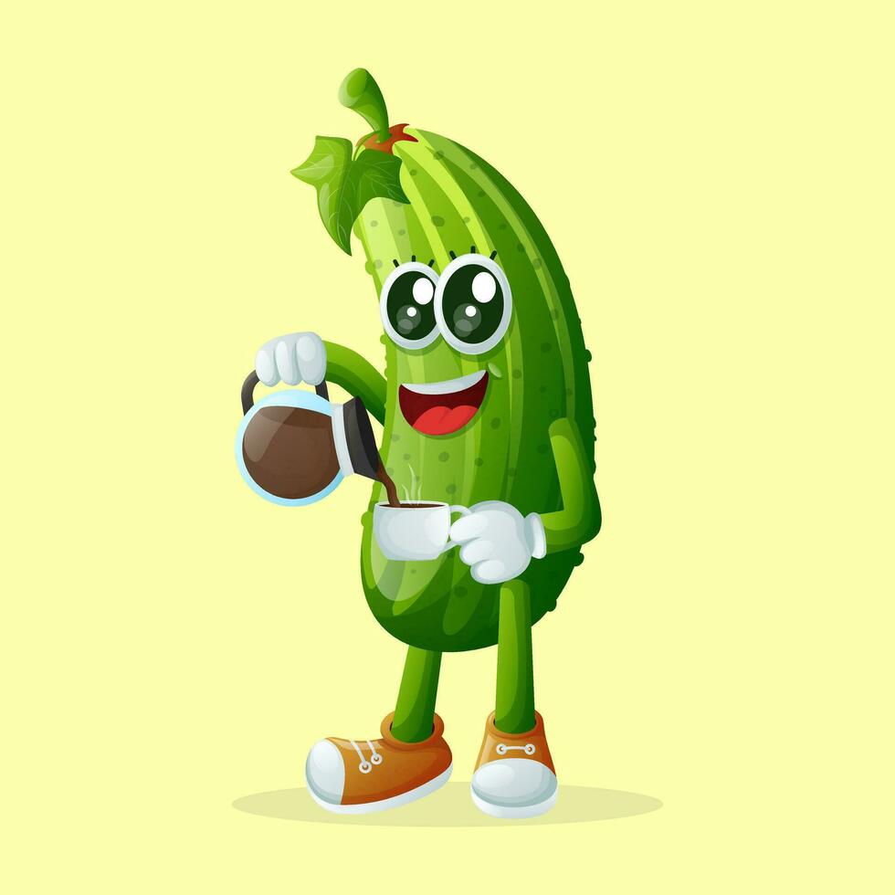 Cute cucumber character pouring coffee vector