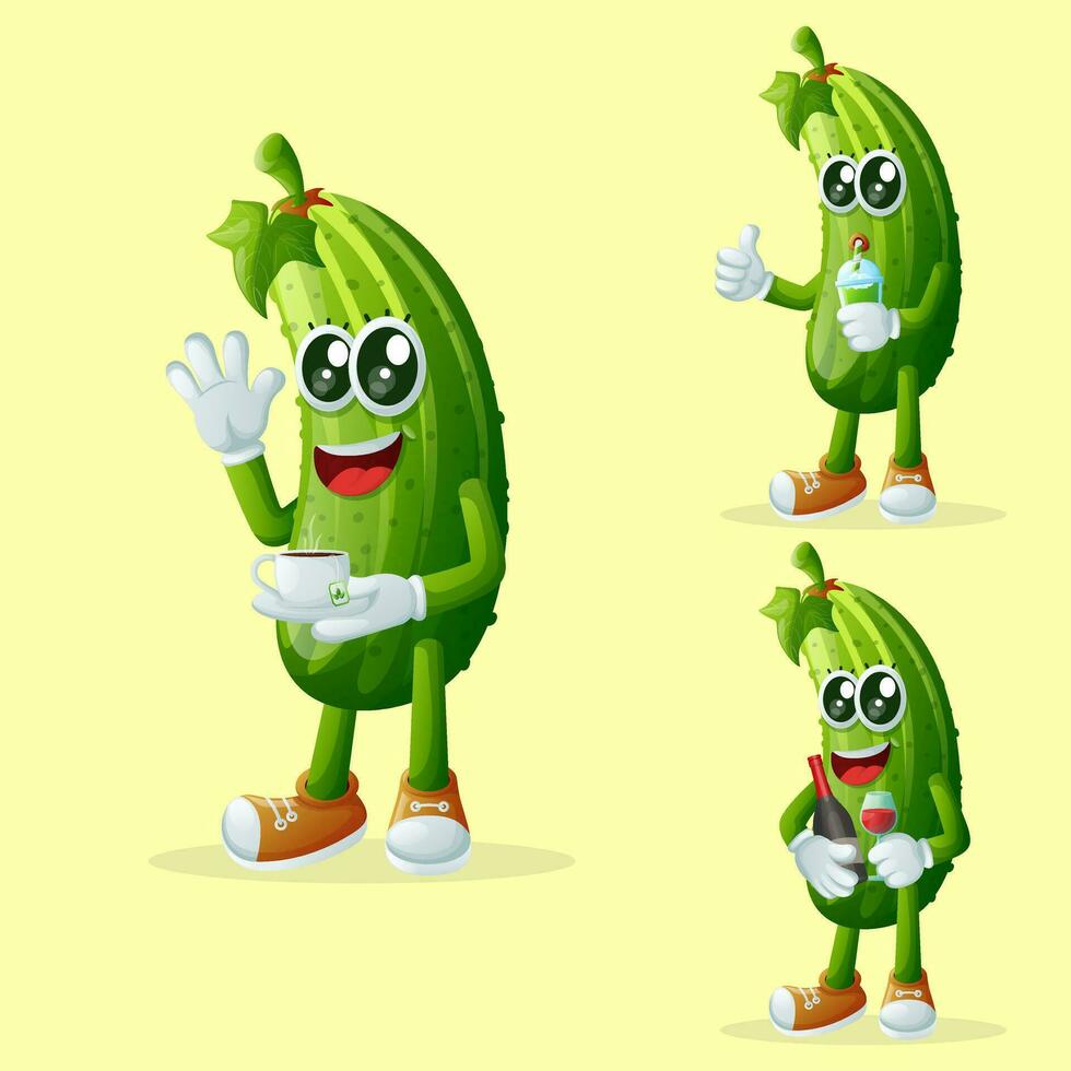 Cute cucumber characters enjoying beverages vector