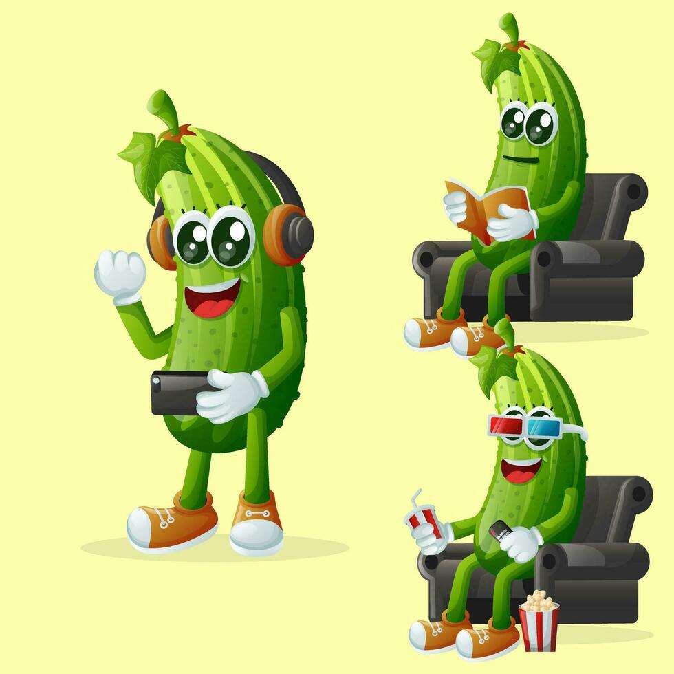 Cute cucumber characters enjoying leisure activities vector