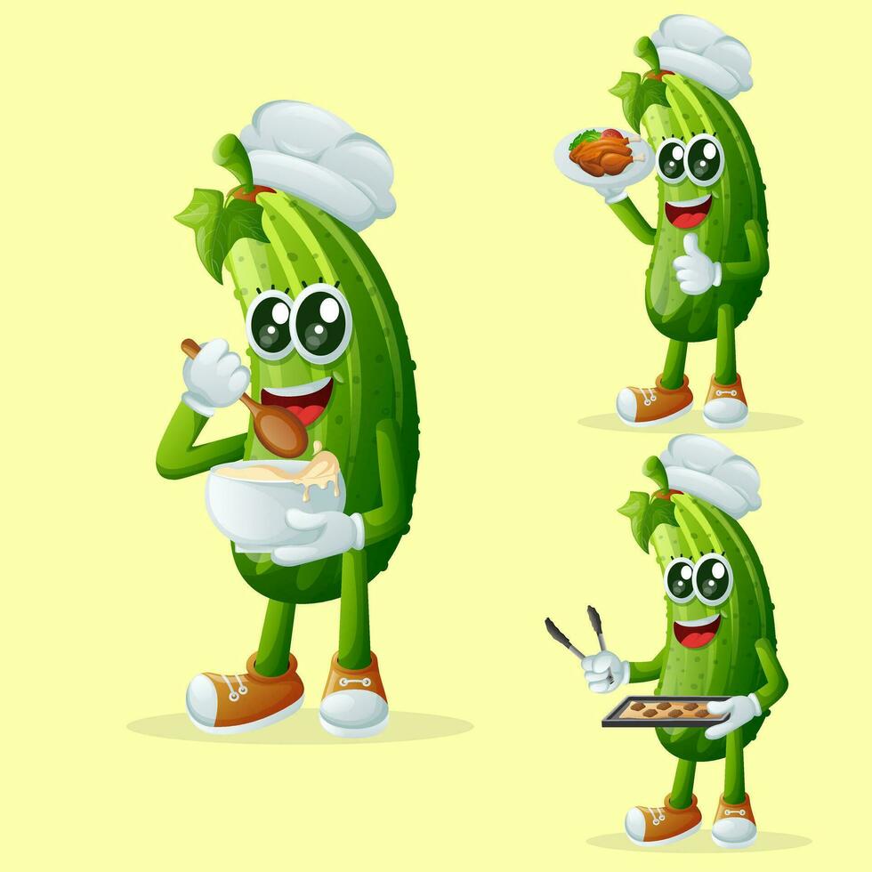 Cute cucumber character in the kitchen vector