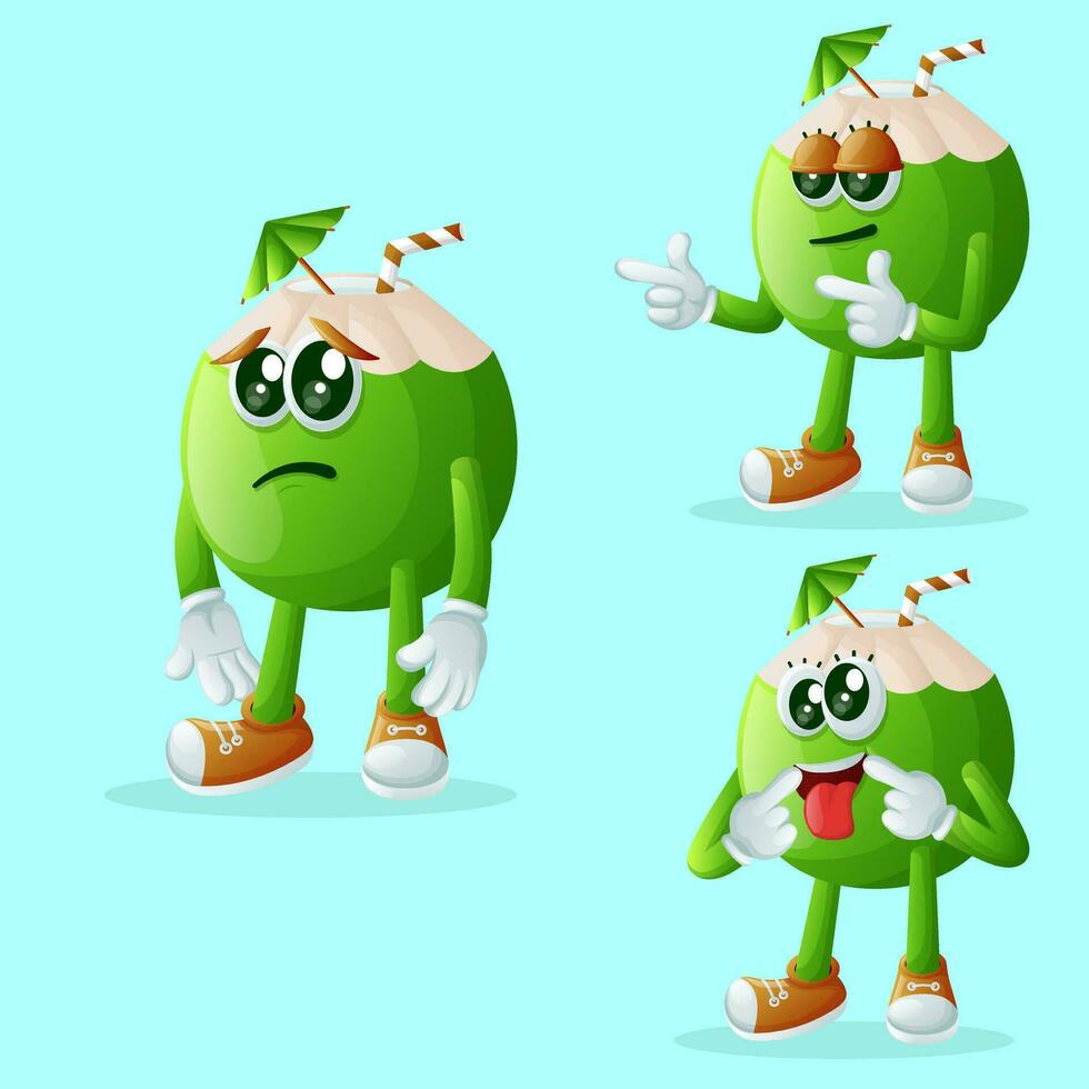 Cute coconut characters with different facial expressions vector