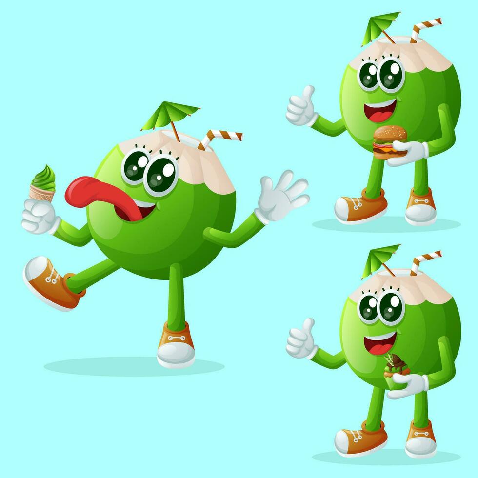 Cute coconut characters enjoying food vector