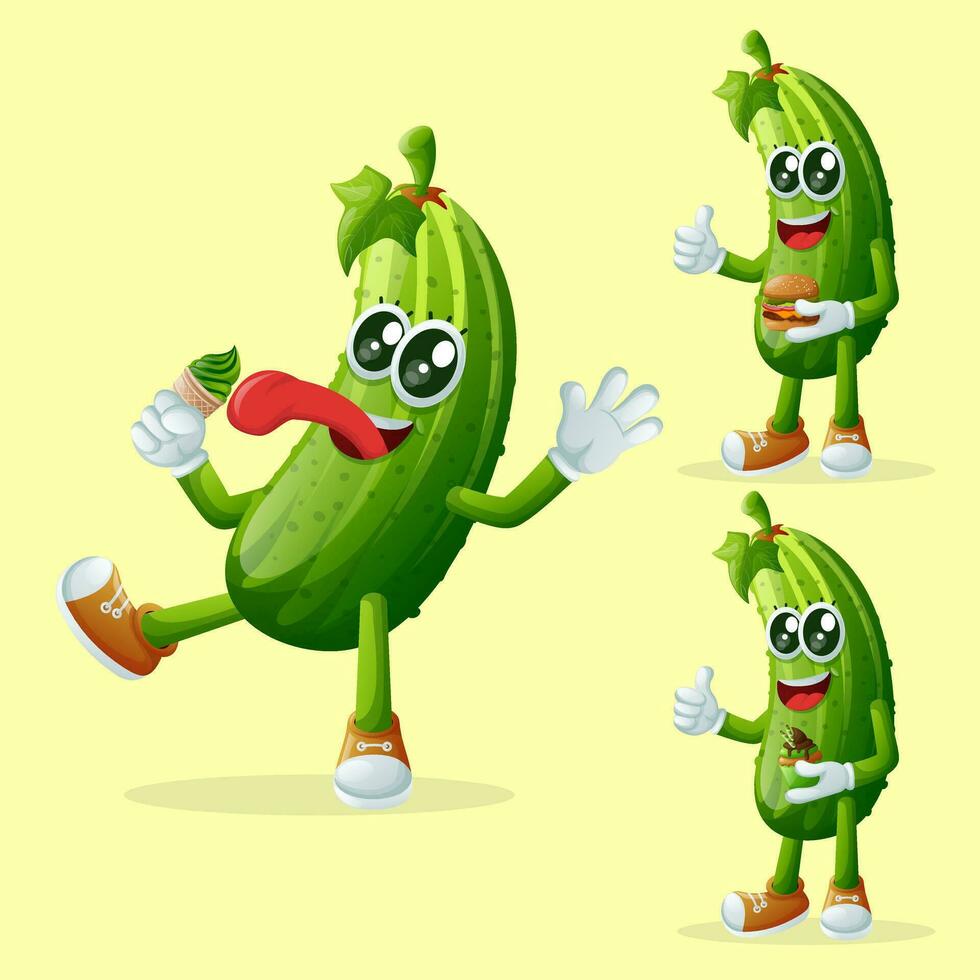 Cute cucumber characters enjoying food vector