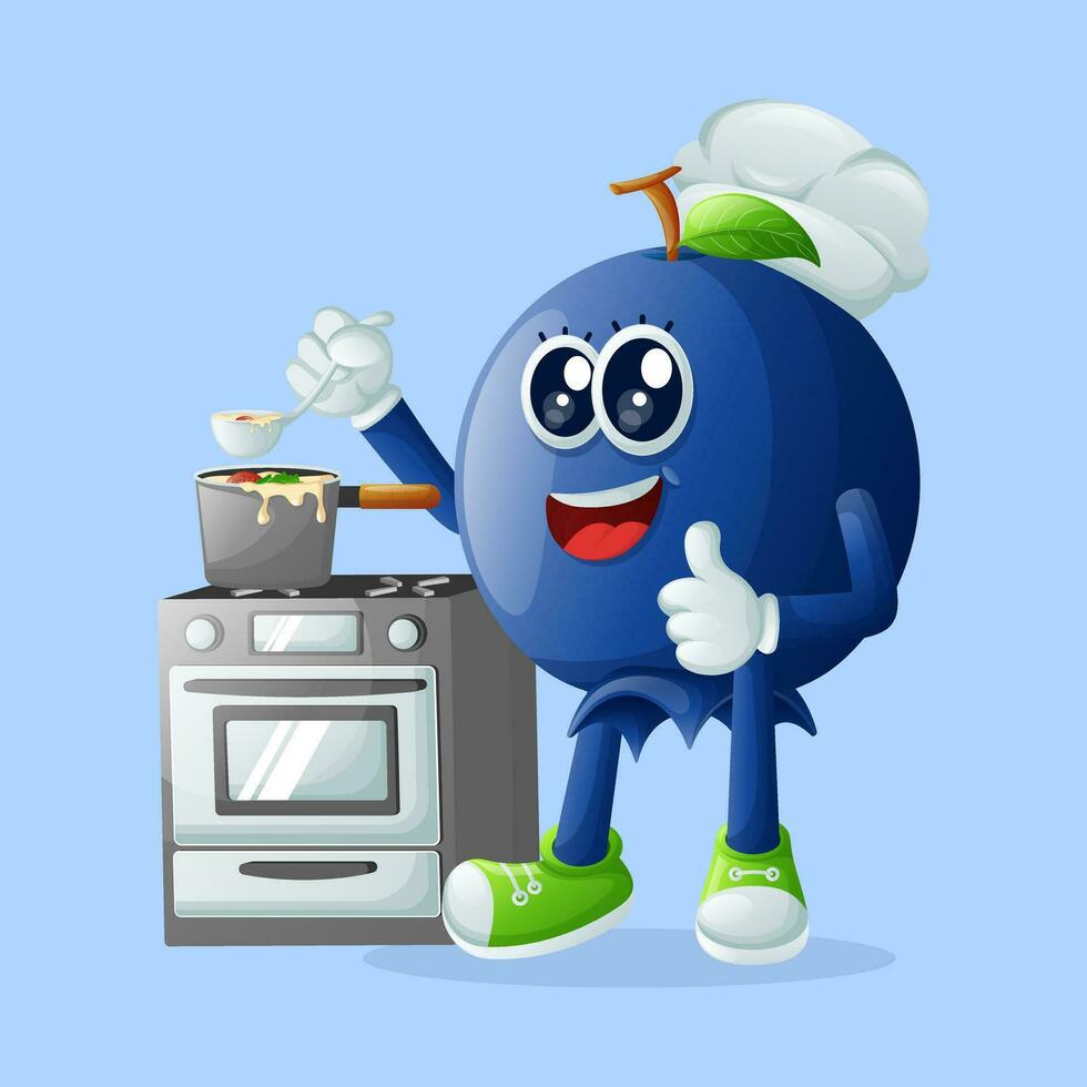 Cute blueberry character cooking on a stove vector