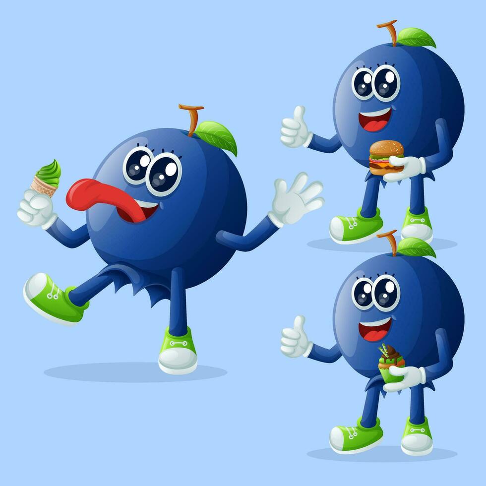 Cute blueberry characters enjoying food vector