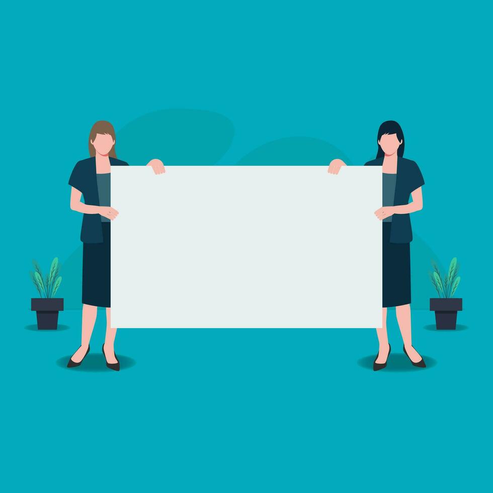 Two ladies holding blank white board design vector