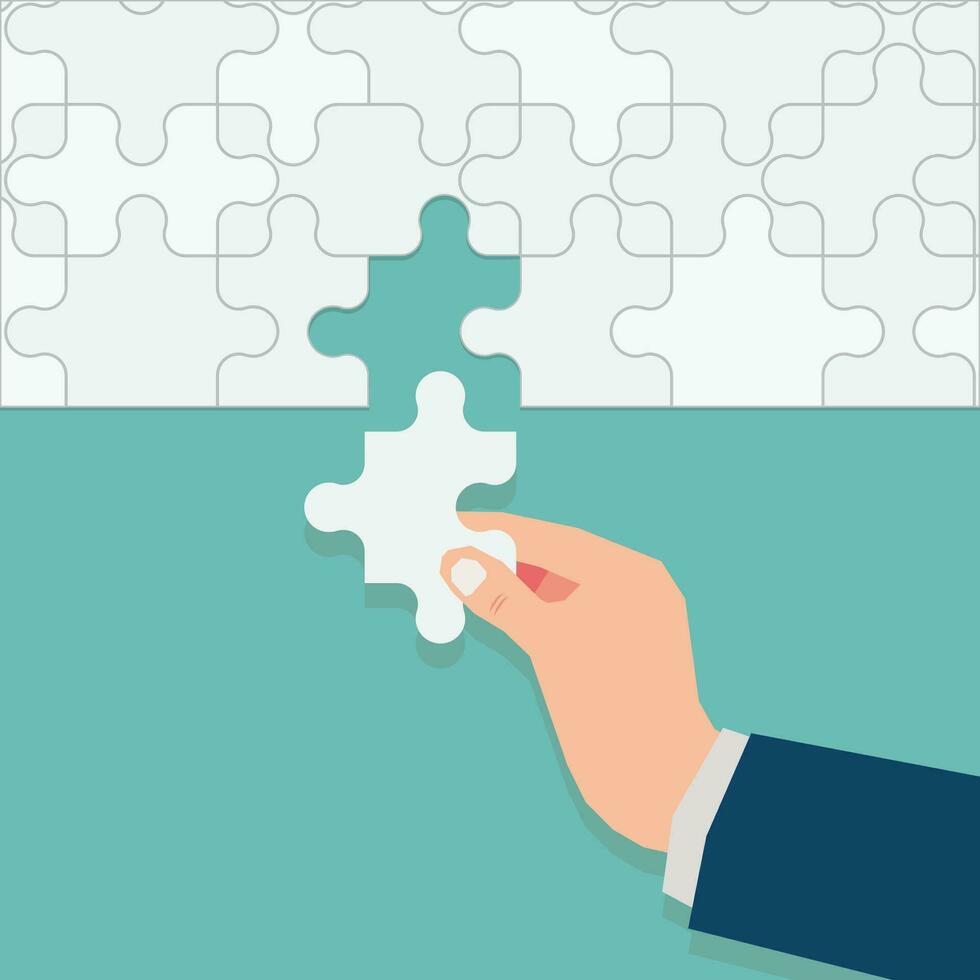 Businessman hand place the last piece of the jigsaw puzzle. Complete the mission concept vector illustration