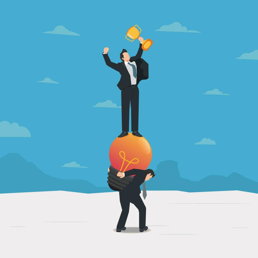 Excited businessman holding trophy standing on light bulb carrying by another businessman design vector illustration