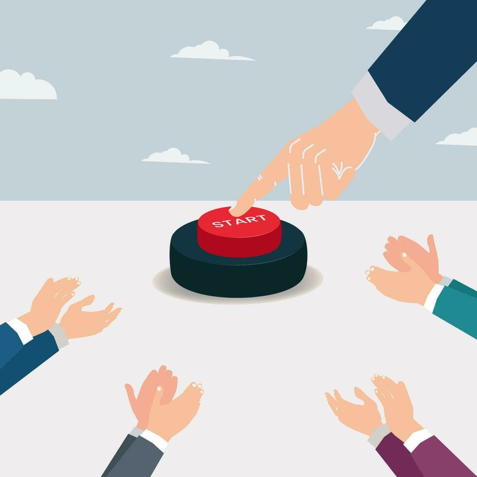 Businessman hand press the red START button and hands applause. Launch or start new business concept design vector illustration