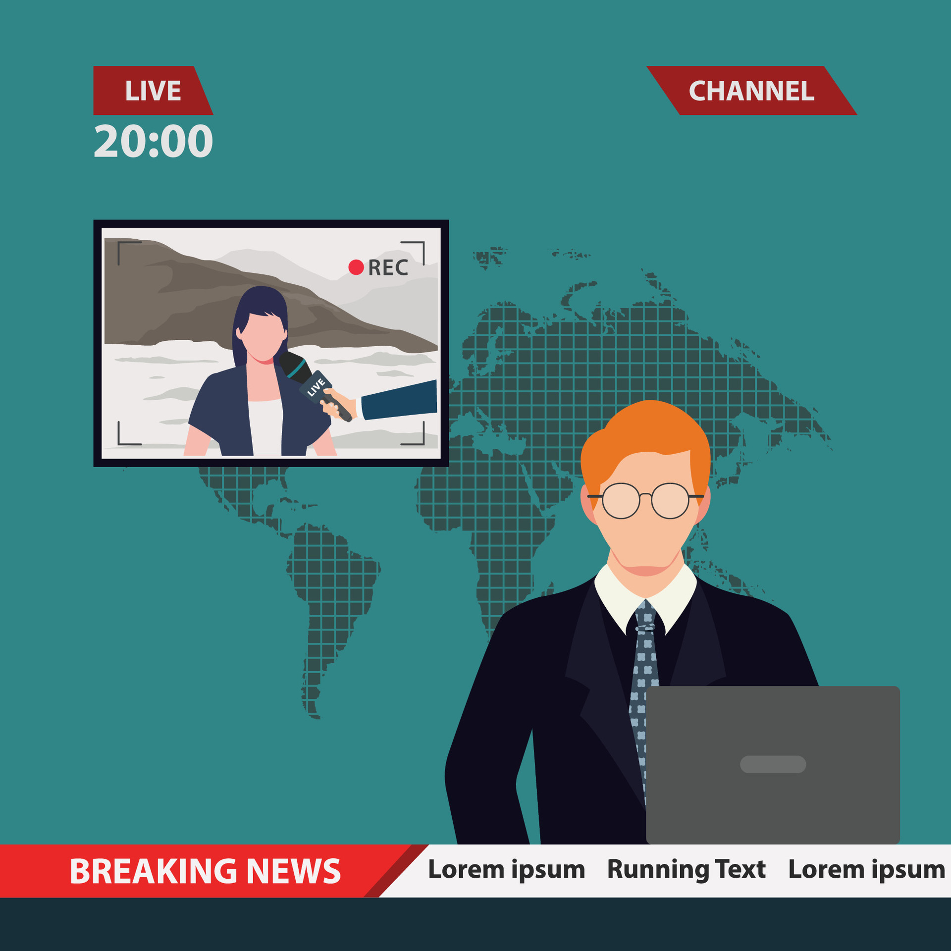 News anchor broadcasting with live report on screen vector 25551417