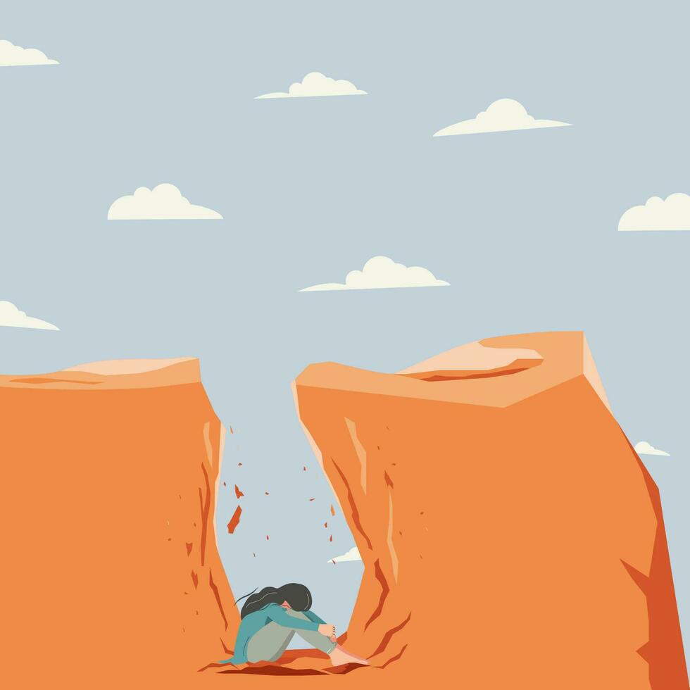 Female trapped into deep hole, need help vector illustration
