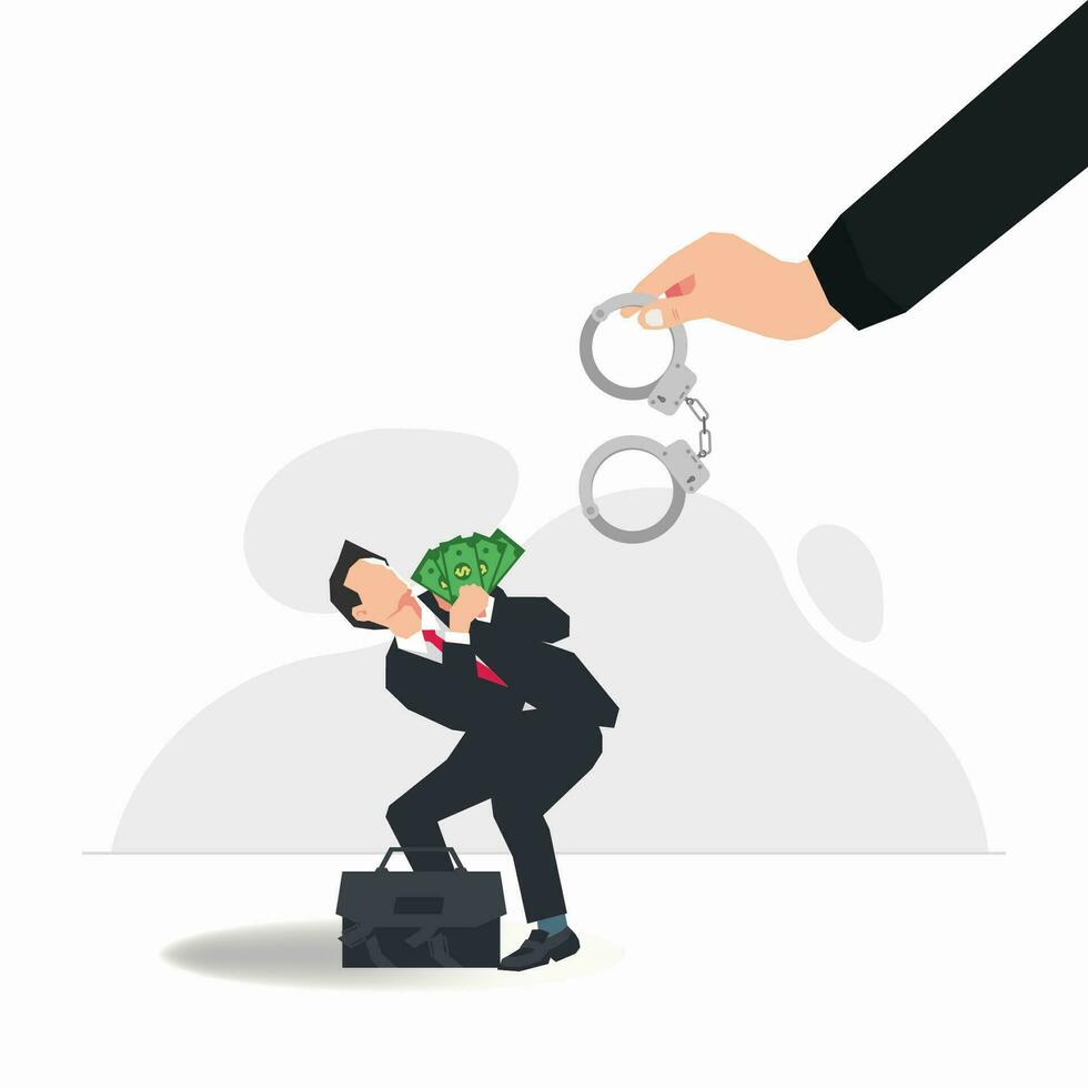 Hand holding metal handcuffs and the businessman holding some money. Detention and bribery concept vector