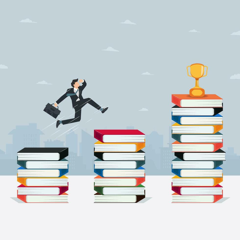 Businessman jumping on books stack and the trophy is on top of the last books stack vector