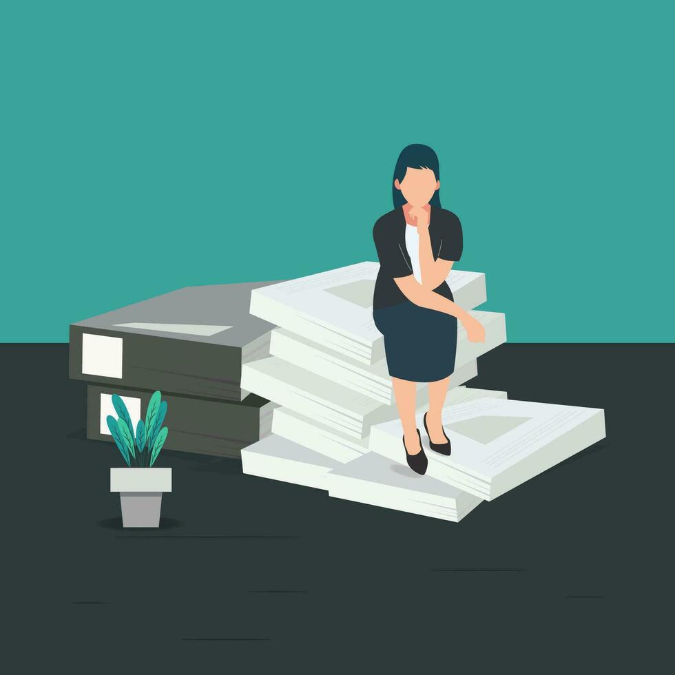 Vector businesswoman sitting on documents stack