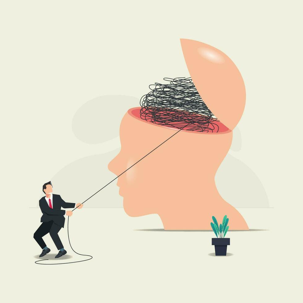 Businessman pulling tangles on head. Clear brain or mind concept vector