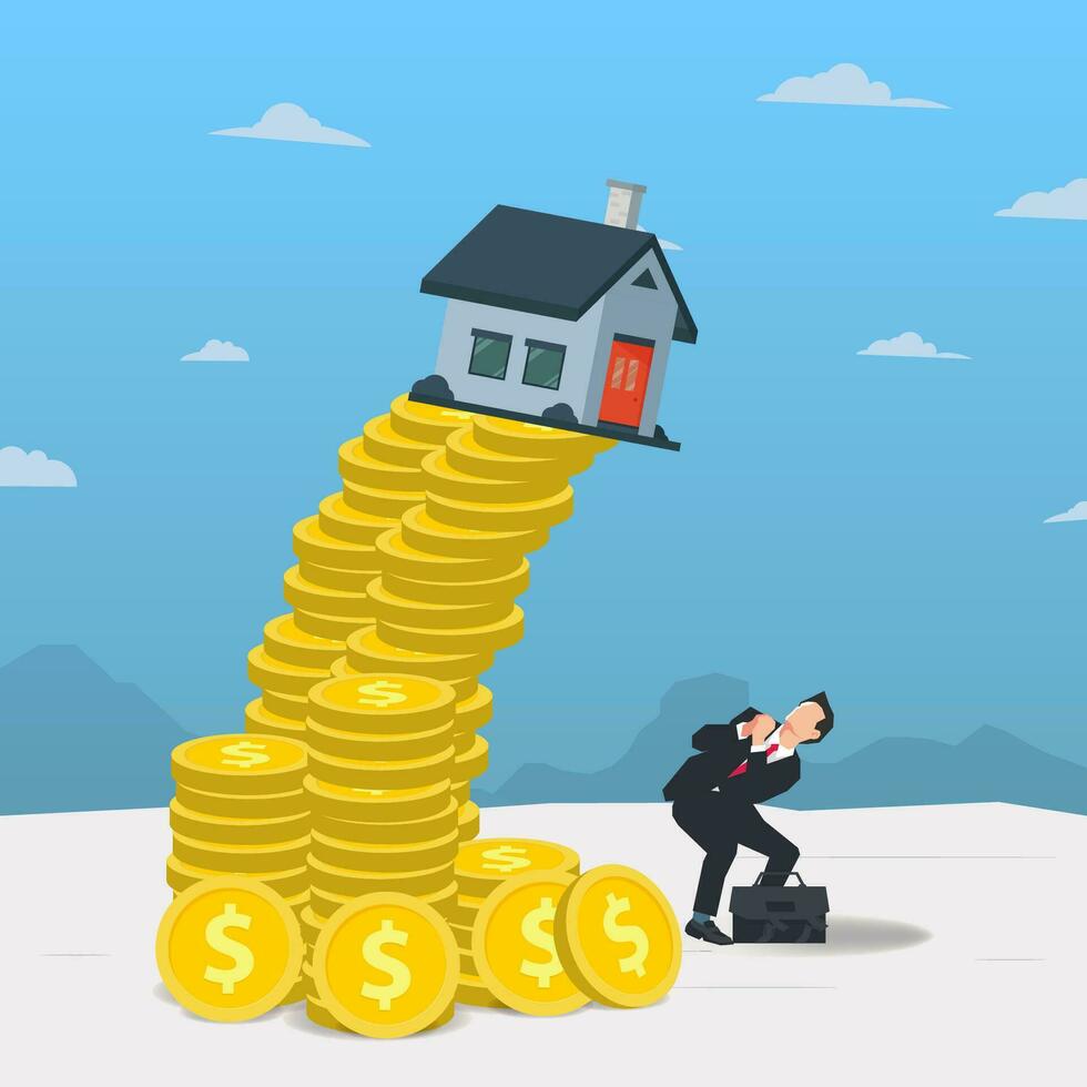 Vector businessman and the house will fall from the pile of coins