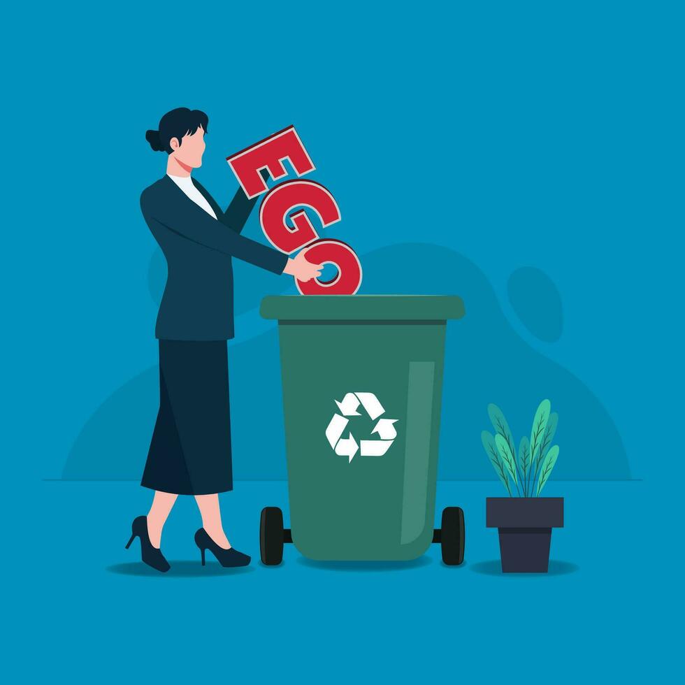 Businesswoman throws ego in trash design vector illustration