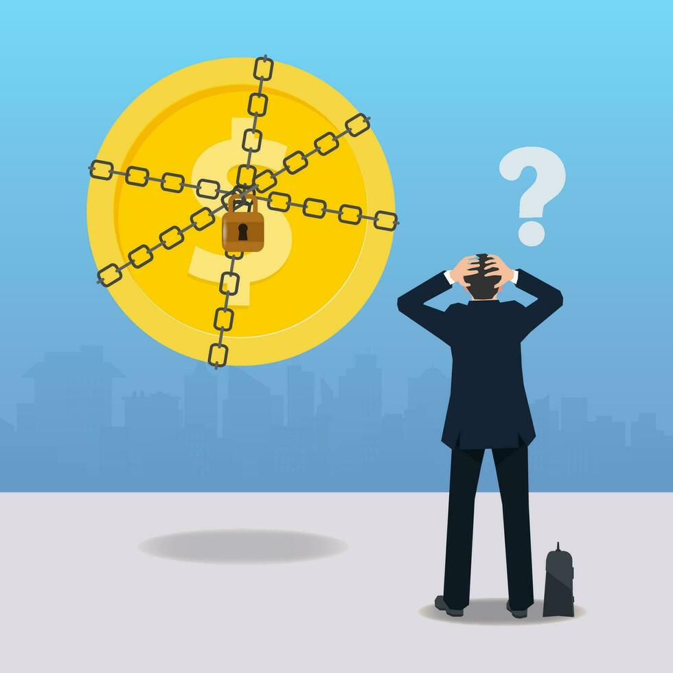 Businessman looking at coin with chain and padlock. Financial problems concept vector illustration