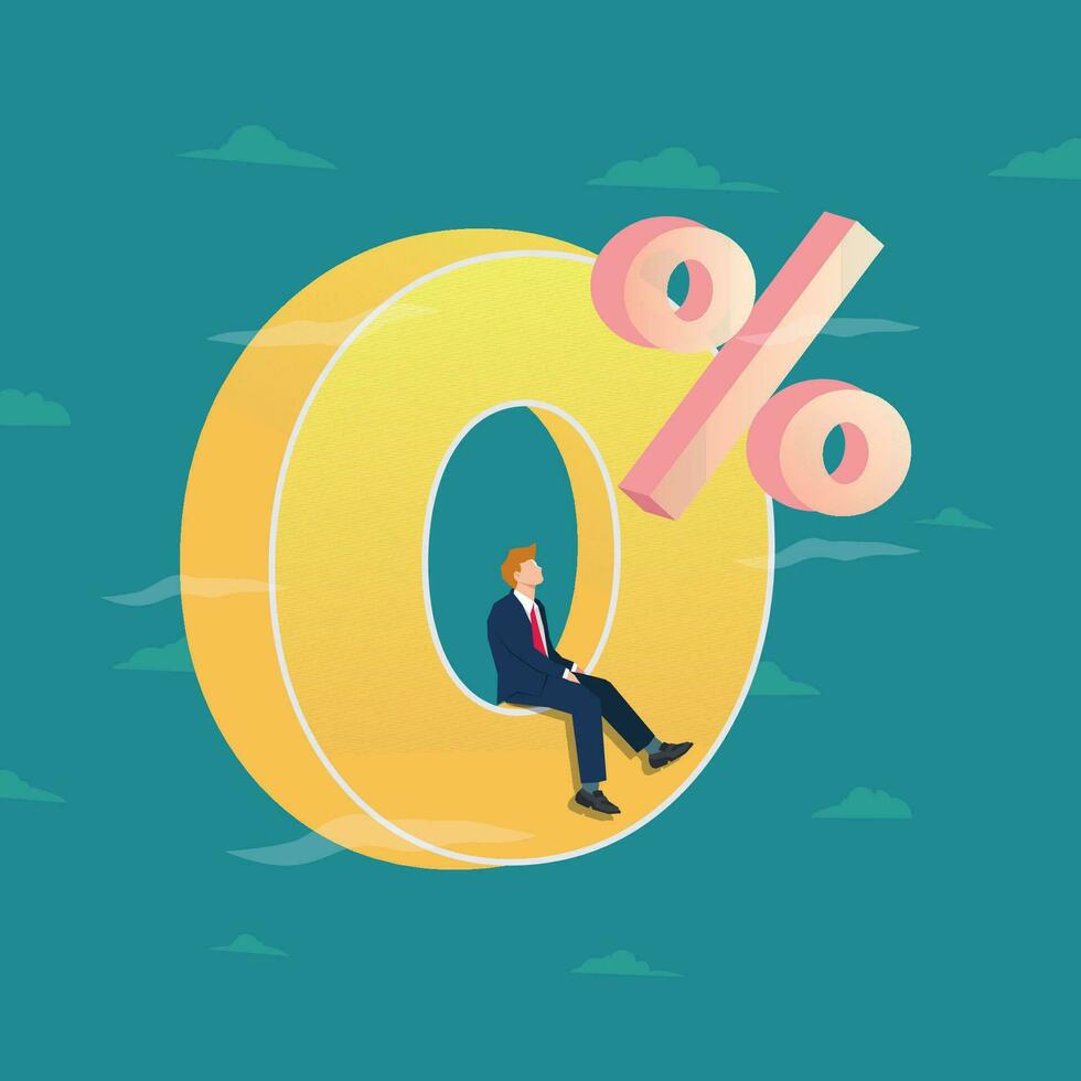 Vector businessmen sitting on zero percent symbol. Zero percent interest rate concept illustration