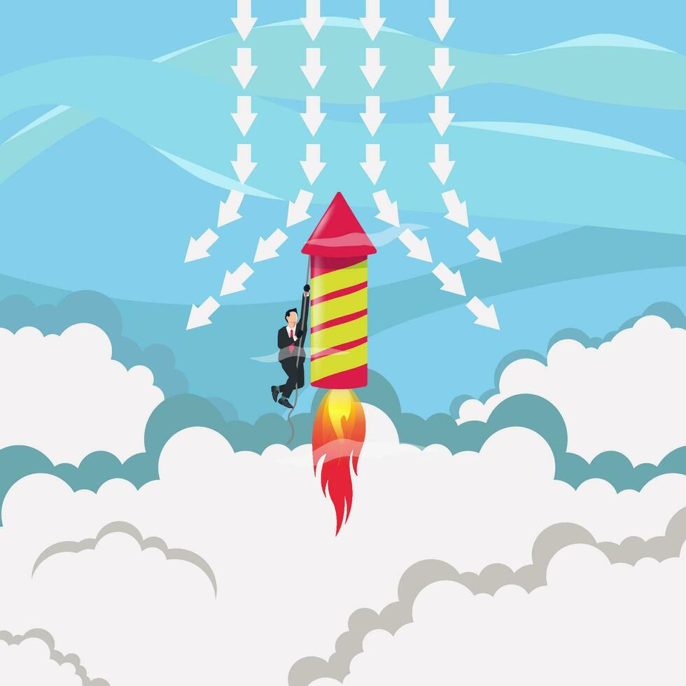 Businessman with red firework rocket breaking the arrows vector illustration