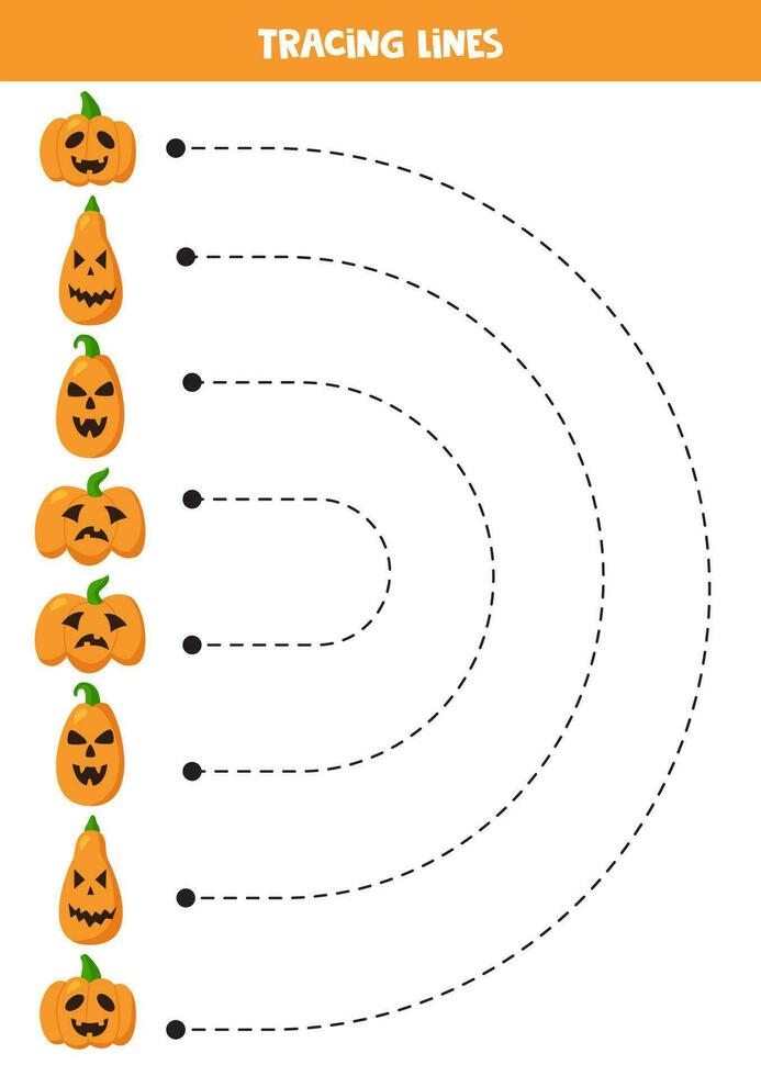 Tracing lines for kids. Cartoon cute Halloween pumpkins. vector