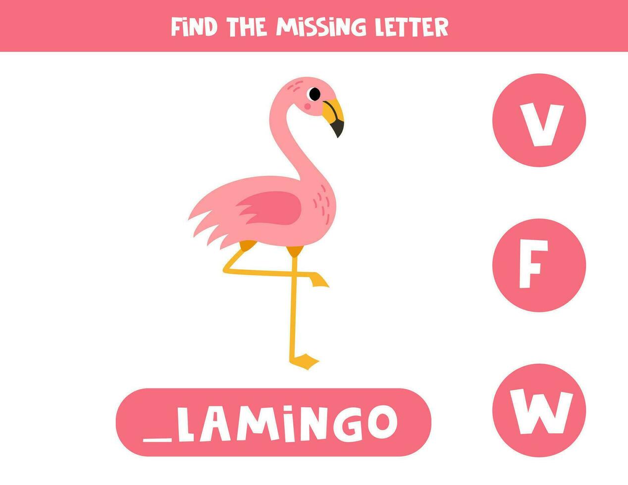 Find missing letter with cartoon flamingo. Spelling worksheet. vector