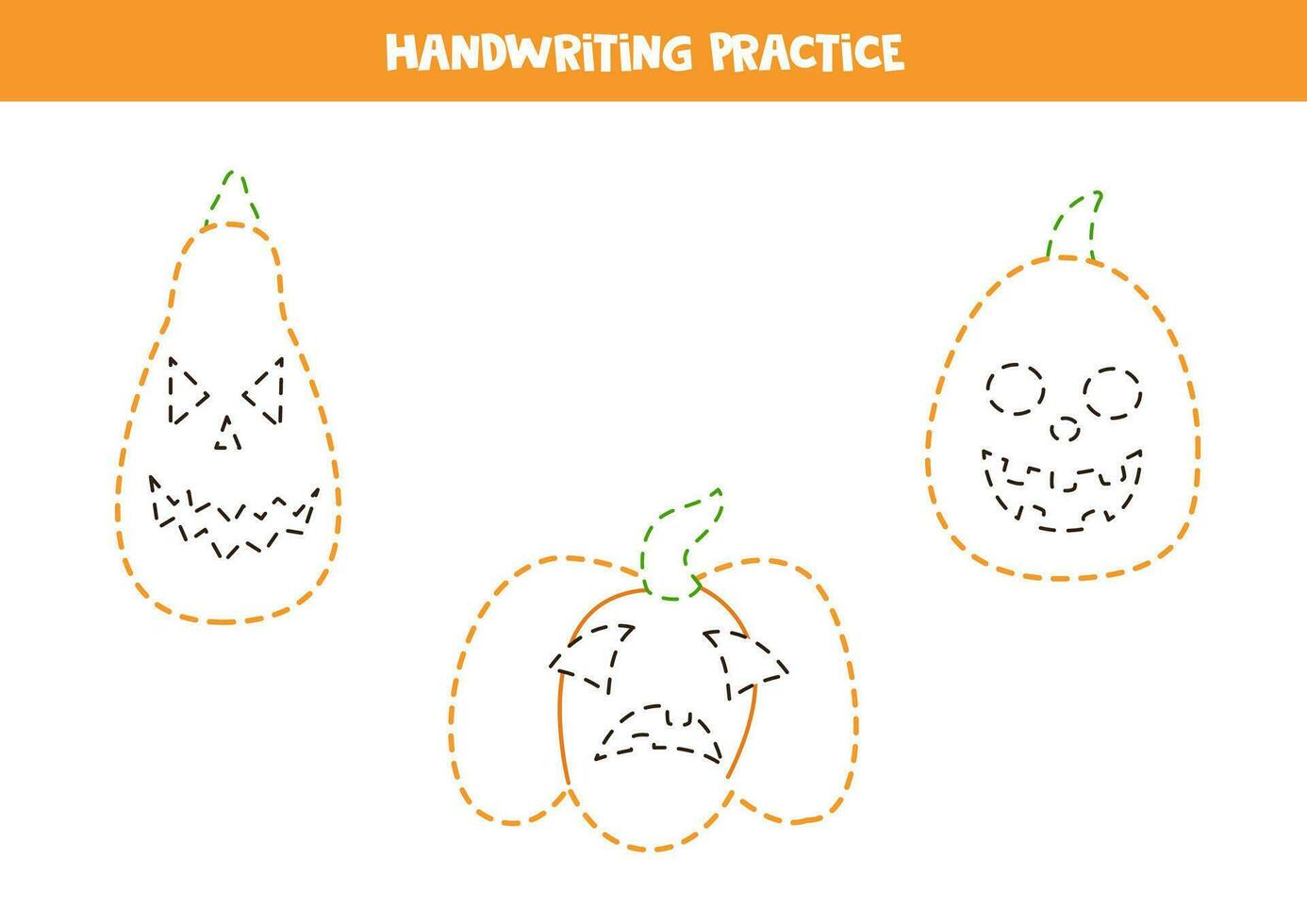Handwriting practice with cartoon Halloween pumpkins. Tracing lines for preschoolers. Vector illustration.