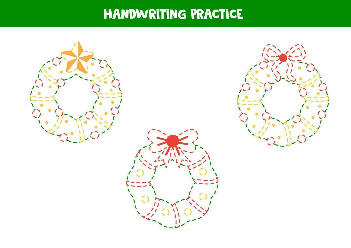 Handwriting practice with cartoon Christmas wreaths. Tracing lines for preschoolers. vector