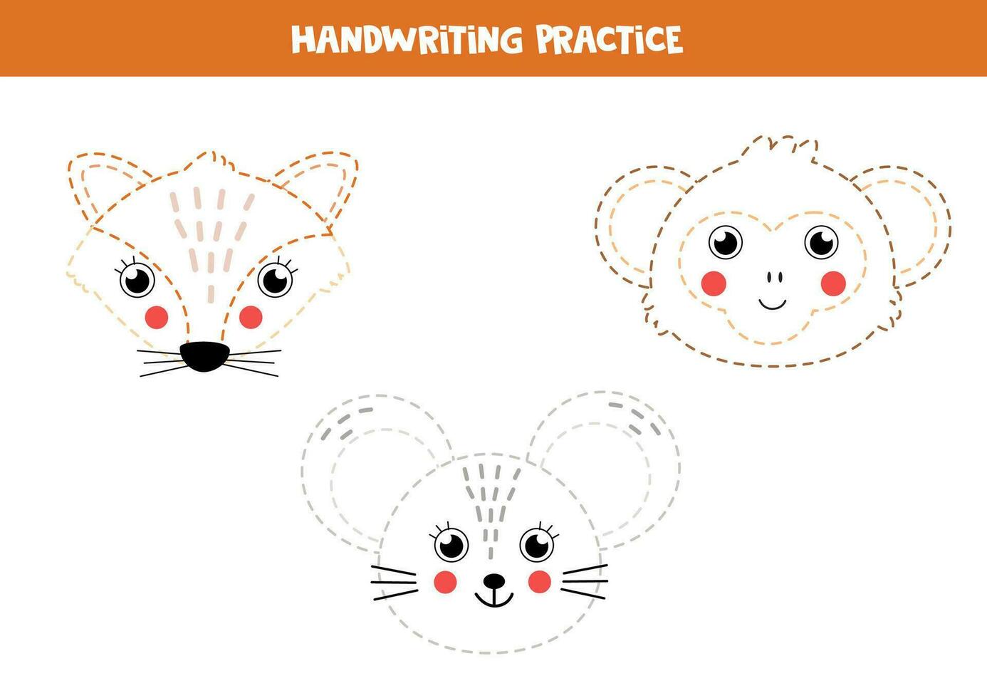 Handwriting practice with cartoon animal faces. Tracing lines for preschoolers. vector