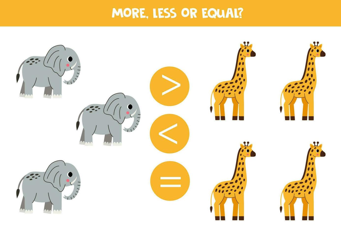 More, less or equal with cartoon elephants and giraffes. vector