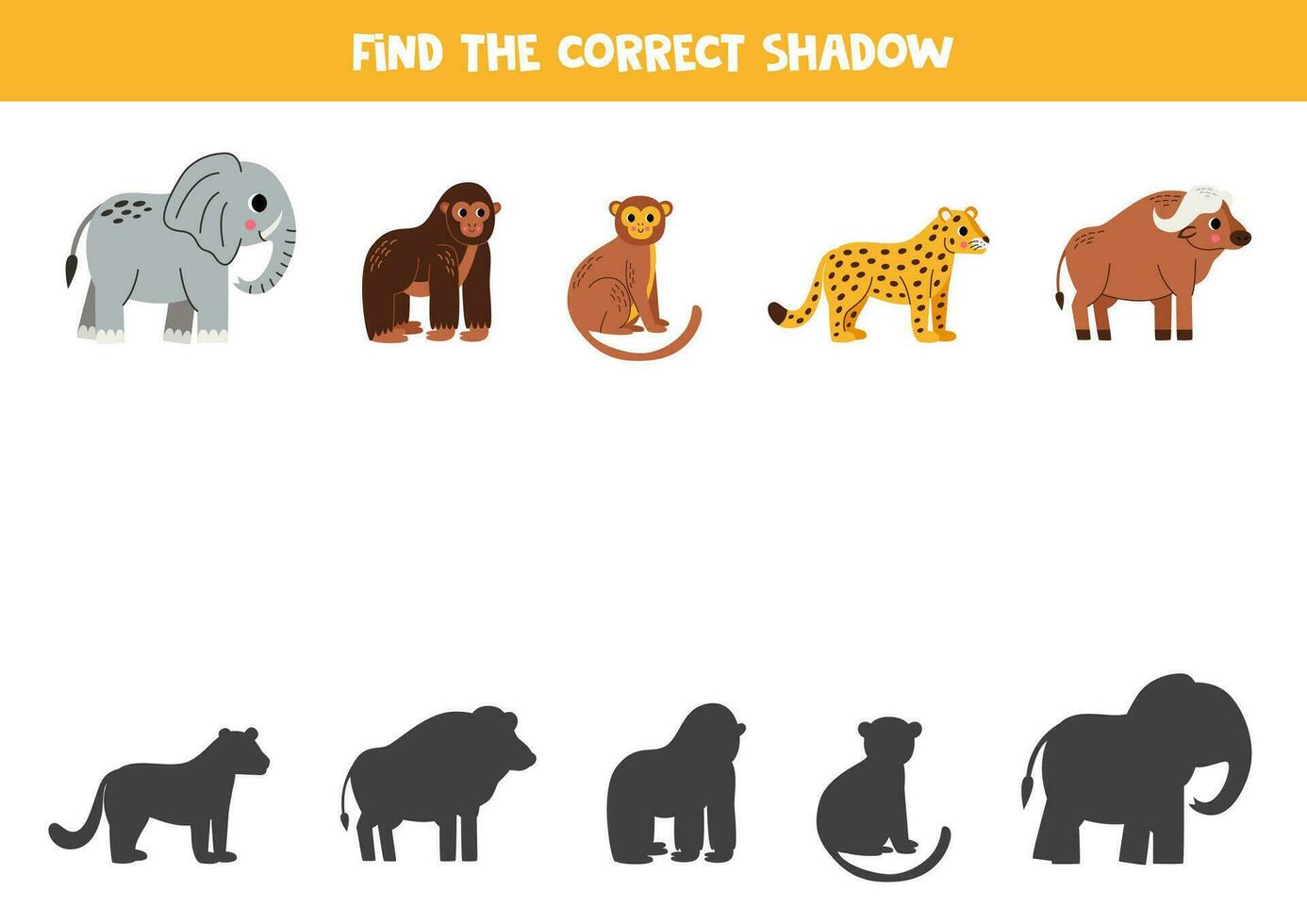 Find shadows of cute African animals. Educational logical game for kids. vector