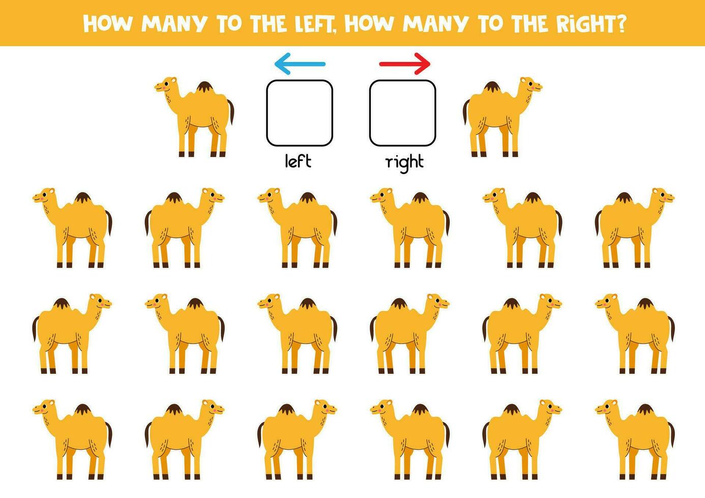 izquierda o Derecha con linda dibujos animados camello. lógico hoja de cálculo para preescolares vector